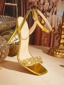 CUCCOO TILAWA Women's Fashionable Sexy Metallic Stiletto Heel Strap Rhinestone Silver High Heel Sandals, Suitable For Banquets, Parties And Other Occasions - Gold - View 3