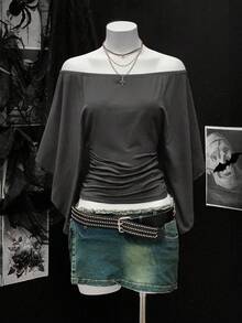 EgrlEra Women's Retro Punk Style Off Shoulder Ruffle Puff Sleeve Cropped T-Shirt Gothic Top Batwing Top Dark Grey Top - Dark Grey - View 1