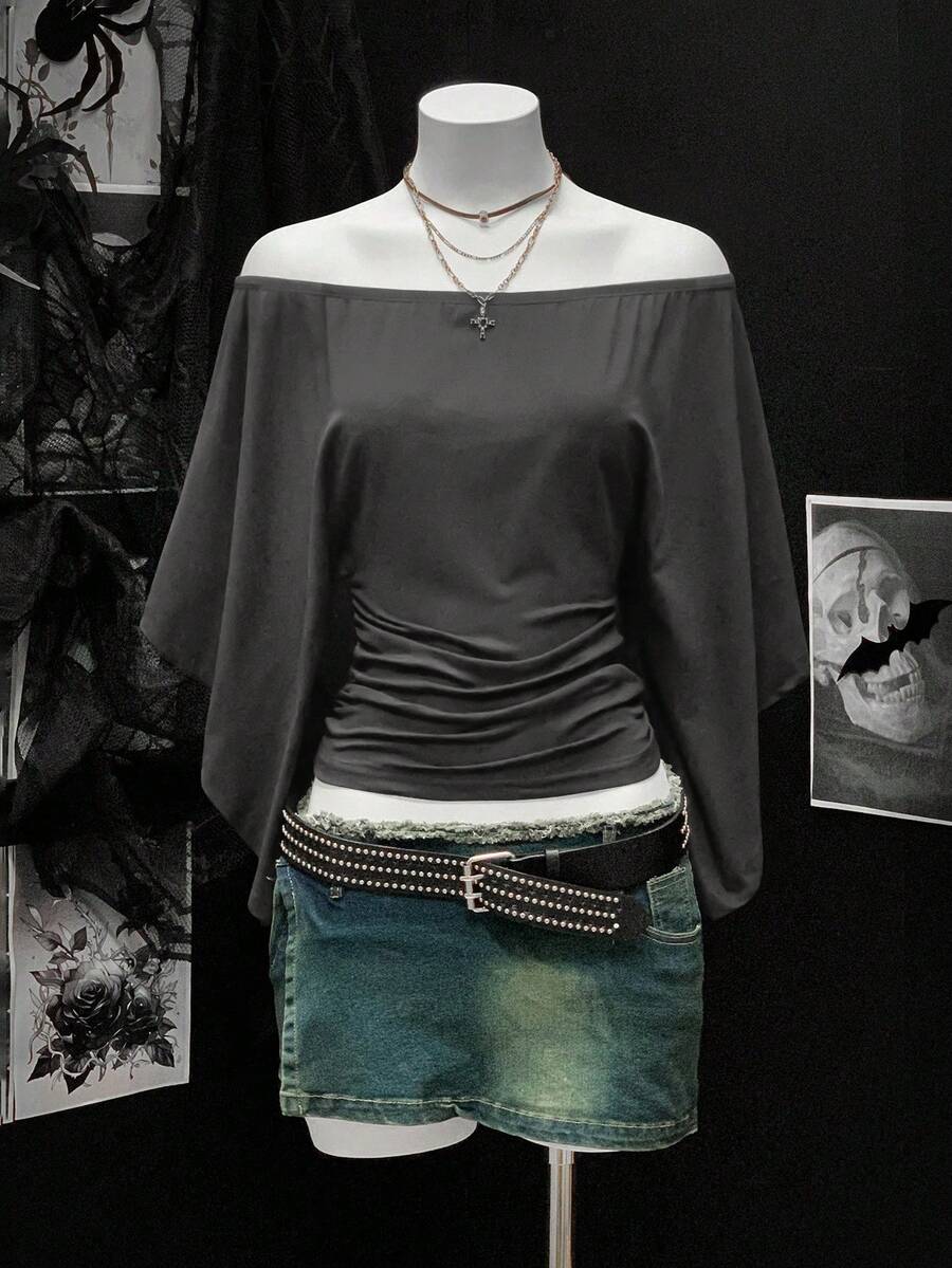 EgrlEra Women's Retro Punk Style Off Shoulder Ruffle Puff Sleeve Cropped T-Shirt Gothic Top Batwing Top Dark Grey Top - Dark Grey - View 1