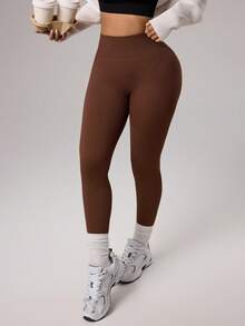Dewbera Quần legging yoga cạp cao không đường may dành cho nữ, chất liệu da màu nude, không đường may, ôm sát cơ thể, thích hợp cho chạy bộ, tập thể dục, tập luyện, màu nâu. - màu nâu - Xem 2