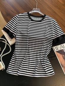 Franclia 2 piezas Conjunto de camiseta de manga corta y pantalones a rayas para mujer - Multicolor - Ver 4