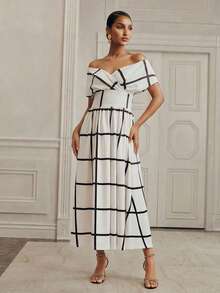 Anewsta Elegant Party Waist Twist Off Shoulder Design Cold-Shoulder Round Hem Plaid Print Dress For Women - Black and White - View 7