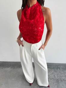 Firerie Áo kiểu dáng thanh lịch, năng động, cổ điển, hiện đại, không tay, cổ yếm, hở lưng, đính nơ, màu đen, phù hợp cho công sở, mùa xuân/hè. - Màu Đỏ Sâu - Xem 7