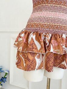 Elamini Đầm ngắn cúp ngực in hoa, xếp ly, kiểu dáng nghỉ mát dành cho nữ. - Nhiều màu - Xem 5