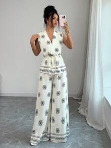 Elenzga Women's Printed Sleeveless Cropped Top + Wide Leg Printed Pants 2 Pieces Set - Multicolor - View 5