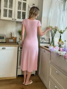 SHEIN Women's Elegant Jacquard Elastic Waistband Bow Decor V-Neck Midi A-Line Nightgown Pink Dress Lounge Dress - Pink - View 2