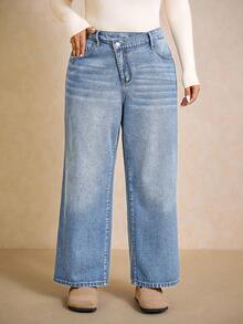 Elaquor 大码休闲水洗不对称腰牛仔裤 - 淺色水洗藍 - 查看 4