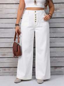 EMERY ROSE Quần jean ống rộng dáng suông thoải mái dành cho nữ cỡ lớn, có cúc cài phía trước và túi hai bên. - Màu be - Xem 2