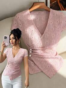 Elenzga 独特优雅的提花V领褶皱腰身蝙蝠袖休闲约会女式T恤，春夏款 - 粉色 - 查看 1