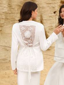Modelyn Women's Fashion Embroidered Patchwork 3D Floral Decor Slim Fit Blazer Jacket, Spring/Summer - White - View 3