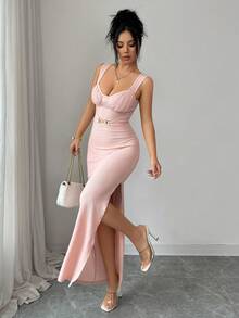 Elenzga 新款优雅性感拼接吊带裙，修身显瘦，高开衩设计，波浪针织面料，法式约会连衣裙，夏季款 - 粉色 - 查看 4