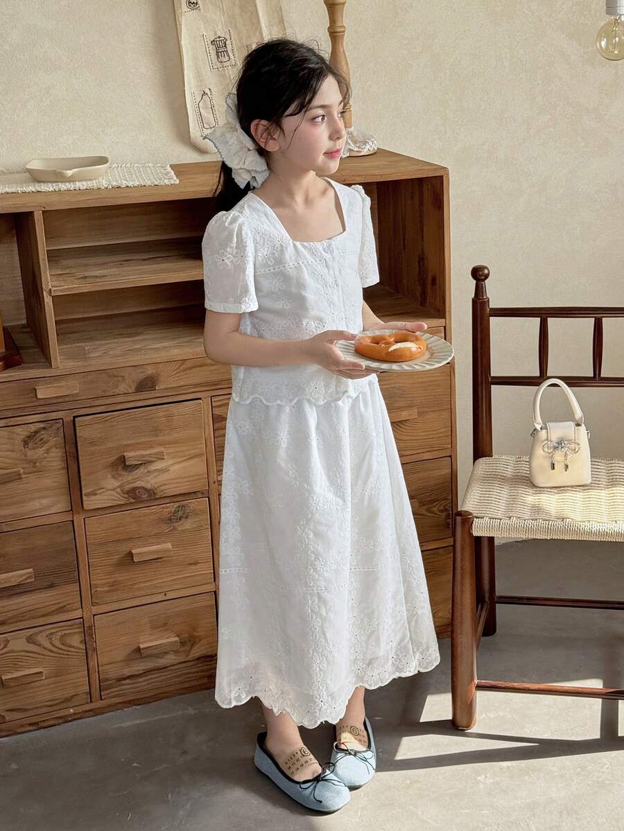 DAZY Tween Girl Embroidered & Applique Single-Breasted Short Sleeve Shirt Top And Mini Skirt Vacation Outfit - White - View 1