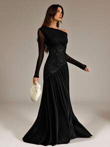 SHEIN Tall New Style One-Shoulder Long-Sleeved Contrasting Mesh Embroidery Asymmetrical Hem Splicing Super Long High Elastic Slim Dress Elegant And Romantic Black Dresses For Women Off Shoulder Formal Dress Long Sleeve Formal Dress Black Formal Evening Gown Long Black Elegant Dress - Black - View 4