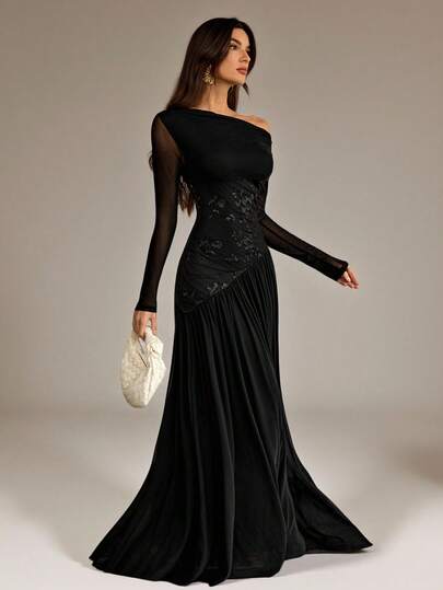 SHEIN Tall New Style One-Shoulder Long-Sleeved Contrasting Mesh Embroidery Asymmetrical Hem Splicing Super Long High Elastic Slim Dress Elegant And Romantic Black Dresses For Women Off Shoulder Formal Dress Long Sleeve Formal Dress Black Formal Evening Gown Long Black Elegant Dress