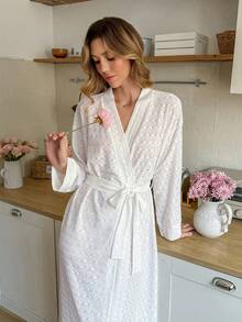 SHEIN Women's Casual Knitted Jacquard Long Cardigan Robe - White - View 5
