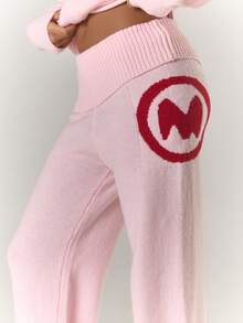 MUSERA 罗纹翻折腰带扣细节修身喇叭马海毛针织裤套装（仅下装）冬季酷女孩舒适可爱户外探险春季情人节 - 粉色 - 查看 5