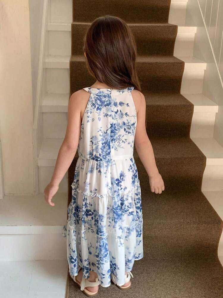 Young Girl Floral Print Frill Tiered Hem Halter Neck Dress, Summer Holiday Style Vacation