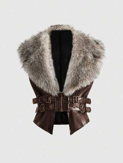 ROMWE J-Fashion Y2K Autumn/Winter Detachable Faux Fur Collar Women PU Leather Jacket