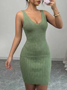 EURMUSE Solid Ribbed Knit Tank Jumper Dress - Olive Green - View 5