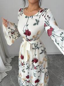 SHEIN Elenzya Đầm maxi lưới thanh lịch tay loe cổ vuông thêu hoa hồng - Nhiều màu - Xem 3