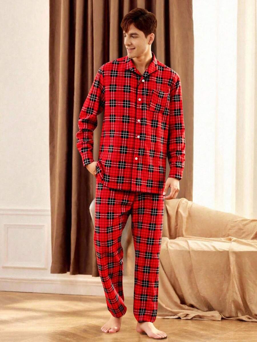 Velminro Bộ đồ ngủ nam in họa tiết kẻ caro, cổ ve lật, tay dài và quần dài, thích hợp cho mùa xuân/thu. - Đỏ - Xem 1