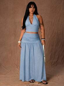 Rustia Bộ đồ nữ cỡ lớn gồm áo tank top cổ yếm chấm bi và chân váy xếp ly eo, phong cách Pháp cổ điển, thích hợp cho kỳ nghỉ hè ở bãi biển. - Màu xanh nhạt - Xem 5