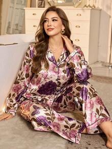 MuseNap CURVE Conjunto de pijama de mujer de talla grande con estampado floral y de hojas, bata, pijama de satén, ropa de dormir de mujer, conjunto de pijama de satén, ropa de dormir de mujer, conjunto de pijama de manga larga - Multicolor - Ver 5