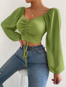 Breezaya 女士纯色甜心领灯笼袖前抽绳短款时尚上衣 - 青檸色 - 查看 5