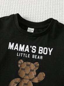 2件套婴儿男女童休闲可爱几何印花拼接宽松圆领针织小熊图案T恤和短裤套装，适合春夏穿着 - 彩色 - 查看 4