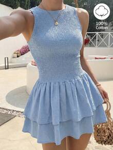 Sunnyshic Women's Blue Sleeveless Bodycon Mini Dress, Elastic Waist, Sweet French Style, Suitable For Spring/Summer Vacation - Blue - View 1