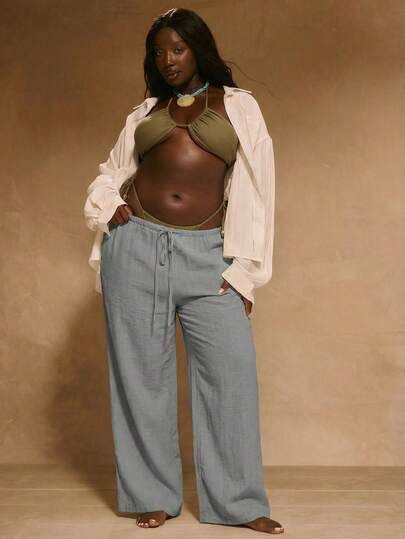 MUSERA Plus Size Mid Rise Drawstring Wide Leg Casual Trousers Boho Summer Vacation Swim Holiday Summer Beach Sexy Cute Elegant Christmas Winter