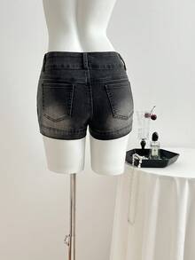 Elamini Quần short denim nữ cạp thấp màu xám/đen, thêu họa tiết cổ điển, xẻ tà bên hông, cài nút, thích hợp cho mùa hè. - màu đen - Xem 2
