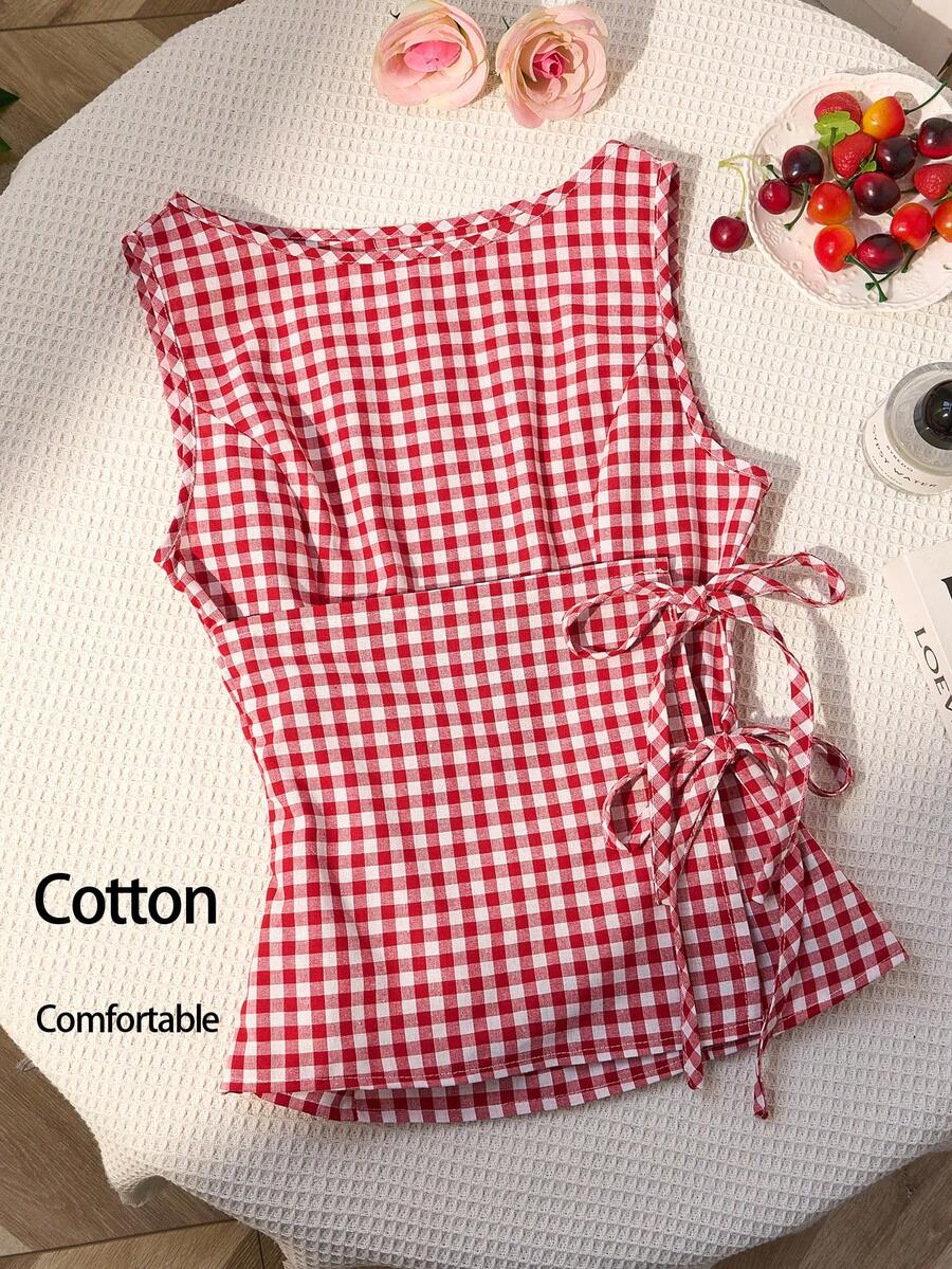 Sweetra 复古格子圆领设计学院风性感少女无袖衬衫，夏季新款系带修身精致甜美女式衬衫 - 紅色 - 查看 1