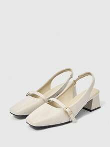 Sleekvia 新款方头粗跟无后跟绑带舒适防滑时尚百搭女式高跟鞋，春秋季 - 米色 - 查看 10