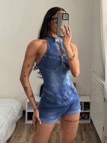 StreetHx 女士性感时尚街头风拉链露背吊带修身牛仔连体裤，夏季 - 藍色 - 查看 4