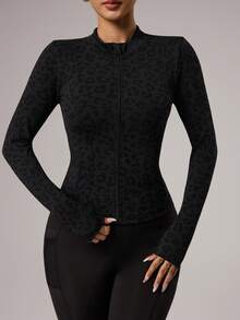 Seamluxe SHEIN Sport Women's Leopard Print Fitted Sports Jacket, Long Sleeve Zip-Up Sweatshirt For Yoga, Gym, Running, Outdoor & Casual Wear - Multicolor - View 3