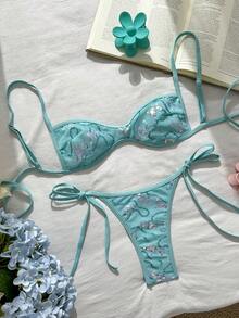 Swim SXY 2026春夏薄荷蓝亮片性感两件式比基尼套装 - 细肩带系带+三角款式，清新火辣，夏季沙滩泳装套装 - 藍色 - 查看 5