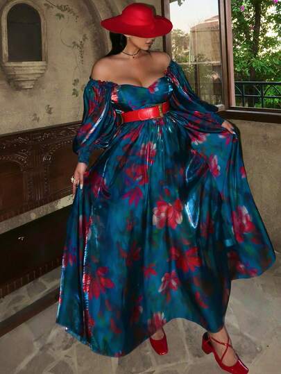 Lyrianda Plus Size Elegant Vintage Organza Digital Print Puff Sleeve A-Line Dress