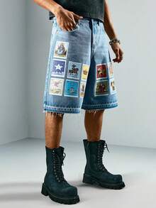 ROMWE MEN Street Life Men's Tarot Card Vintage Medieval Pattern Shorts - Blue - View 4