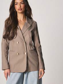 MISSGUIDED Double Breasted Lapel Blazer With Gold Button Details Professional Business Formal Jacket - Khaki - View 4