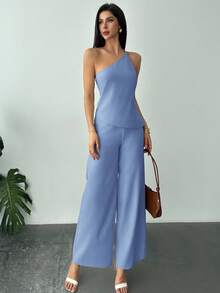 Firerie Spring/Summer New Elegant Apricot Linen Asymmetric Hem Ruched Waist Backless Camisole & High Waist Long Pants 2 Pieces Linen Suit - Baby Blue - View 6