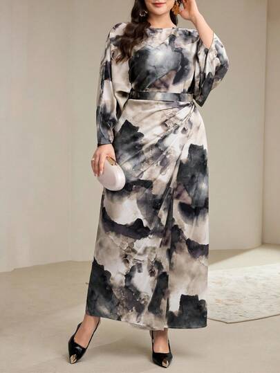 Veilorie 大码女式扎染不对称下摆蝙蝠袖衬衫和中长裙阿拉伯风格套装