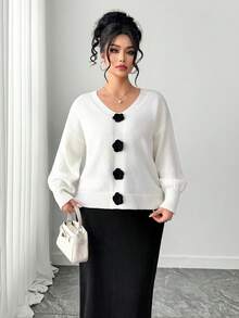 Elenzga Plus Size V-Neck Long Sleeve Cardigan & Black Skirt 2-Piece Set - Black and White - View 7