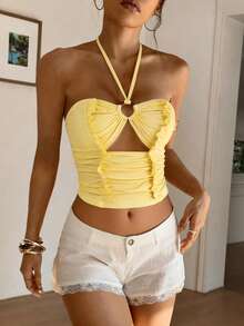 INAWLY Áo hai dây cổ yếm dáng suông, khoét lỗ, xếp ly, trang trí, thích hợp cho kỳ nghỉ hè của nữ, đi biển. - Màu vàng - Xem 4