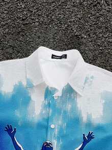 Manfinity Joysei 男士宽松短款衬衫，男士短款上衣 - 藍色 - 查看 4