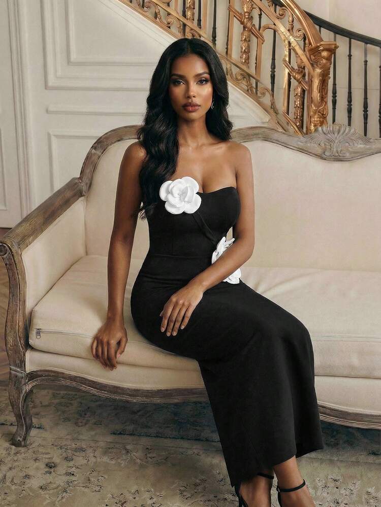 Women's New Black Elegant Ballroom Dress, Glamorous Party Bodycon Dress, Off-Shoulder Ruched Bandage Dress, Single Piece 3D Floral Dress
