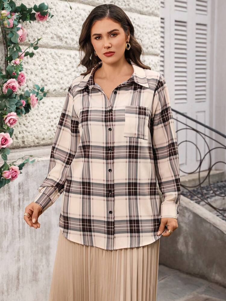 Plus Size Casual Plaid Front Button Long Sleeve Shirt, Autumn For Summer/ Vacation Summer For Women Beach Holidays Going Out Top Plaid Button Up Oversize Shirt For Women