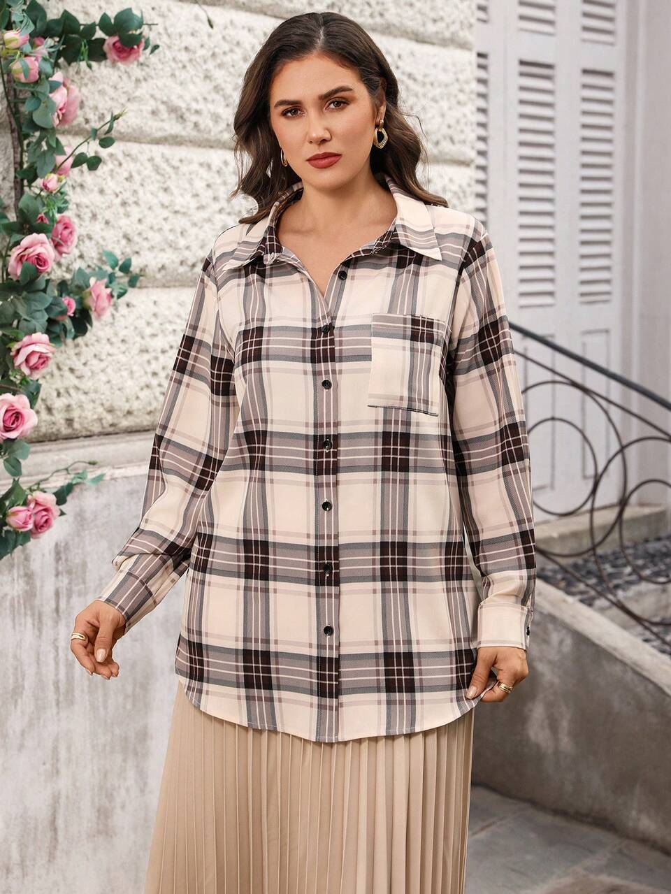 Women's Plus Size Beige Plaid Button Up Long Sleeve Shirt,Autumn Smart Casual Hiking Vacation Top,Oversize Plaid Front Button Casual Shirt For Women