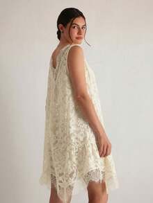 Freevana Plus Size Lace Patchwork Sheer Elegant Sleeveless Dress, Summer Dresses - Apricot - View 5