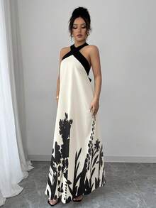 Elenzga 大码女士优雅设计黑色拼接露背蝴蝶结休闲印花长裙，春季 - 杏色 - 查看 6